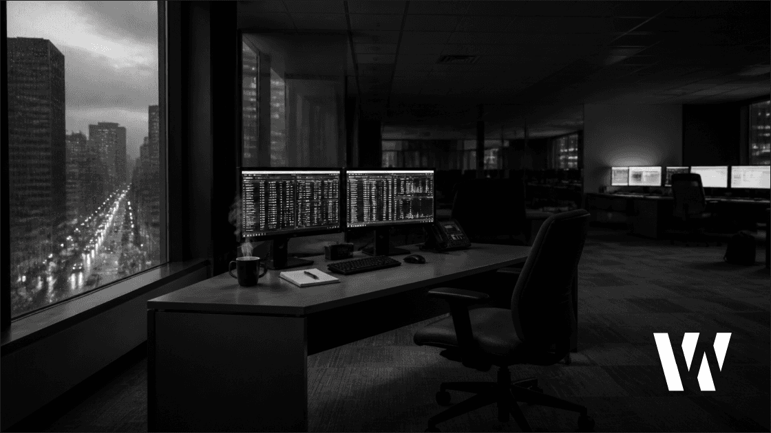 Empty trader's desk at night, monitors glowing with order data, city street reflected in window.