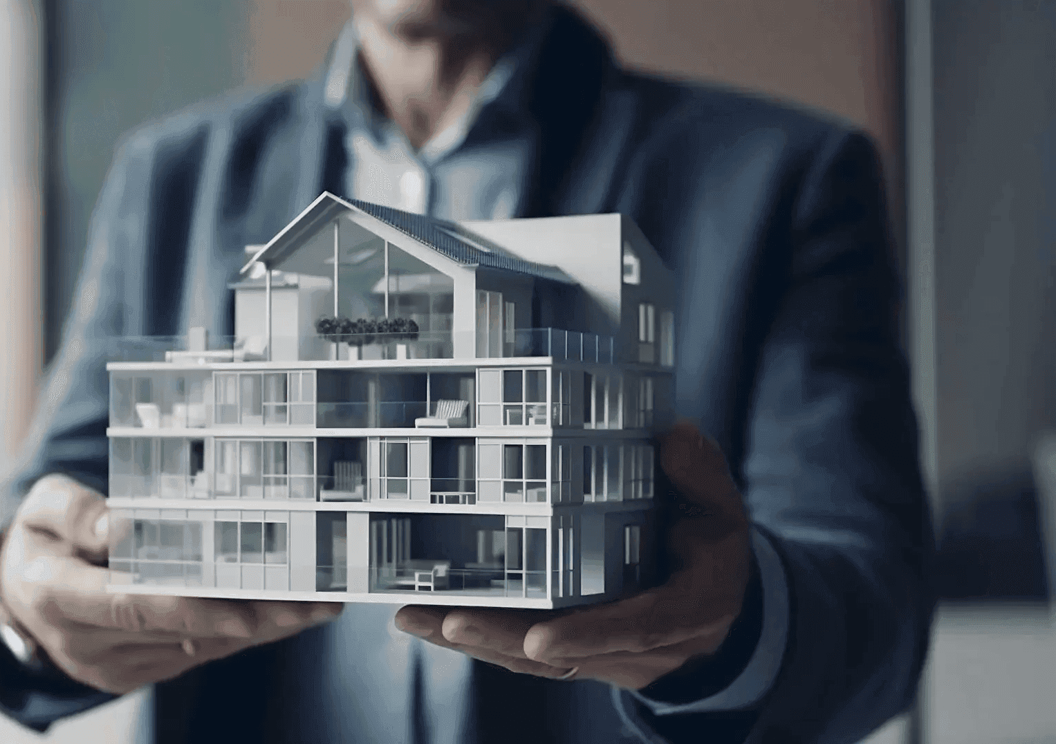 A person in a suit holds a detailed scale model of a modern multi-story apartment building in their hands.