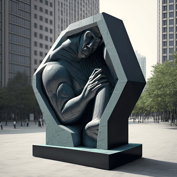 Modern abstract sculpture of a crouched figure within a hexagonal frame, displayed in an urban plaza