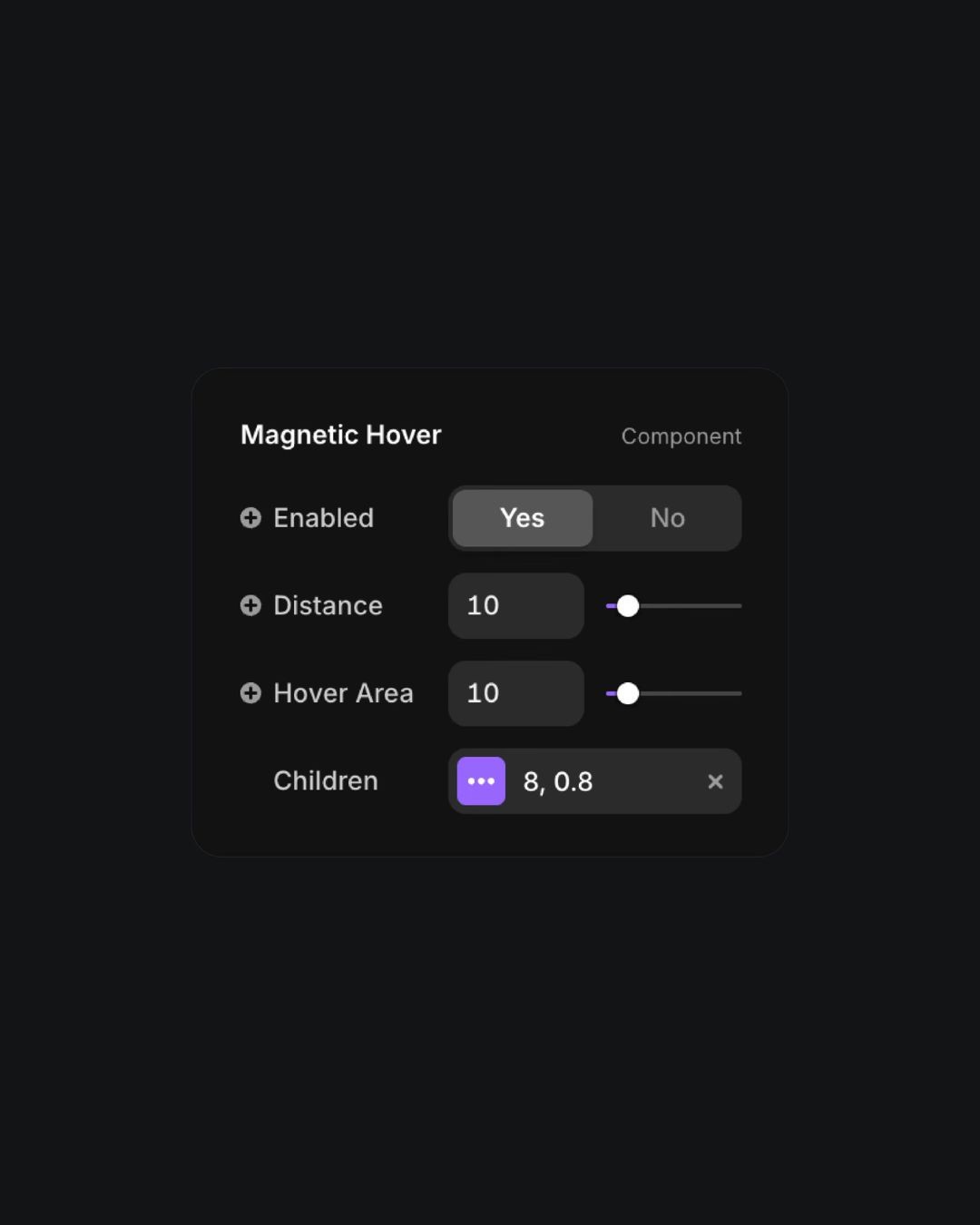 Framer UI settings panel for Magnetic Hover component with adjustable distance, hover area, and child elements