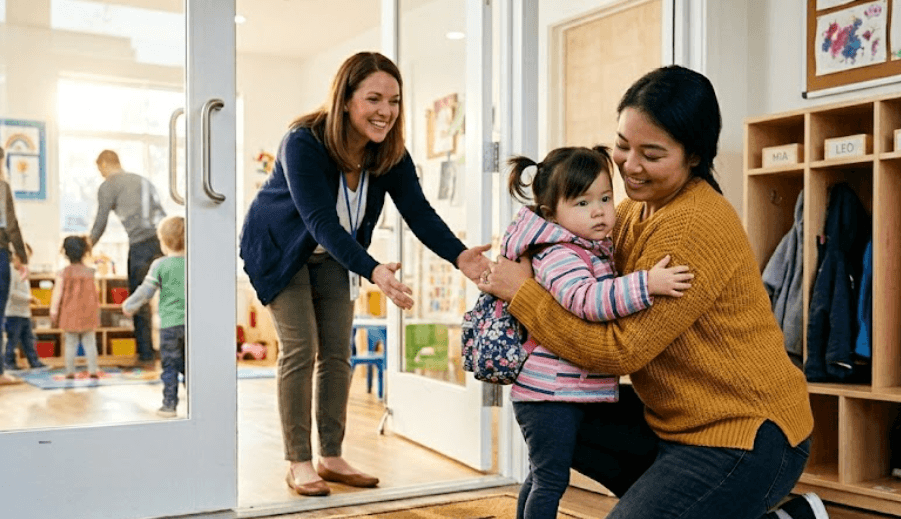 Parent giving a reassuring goodbye hug to a toddler at a Tampa daycare entrance