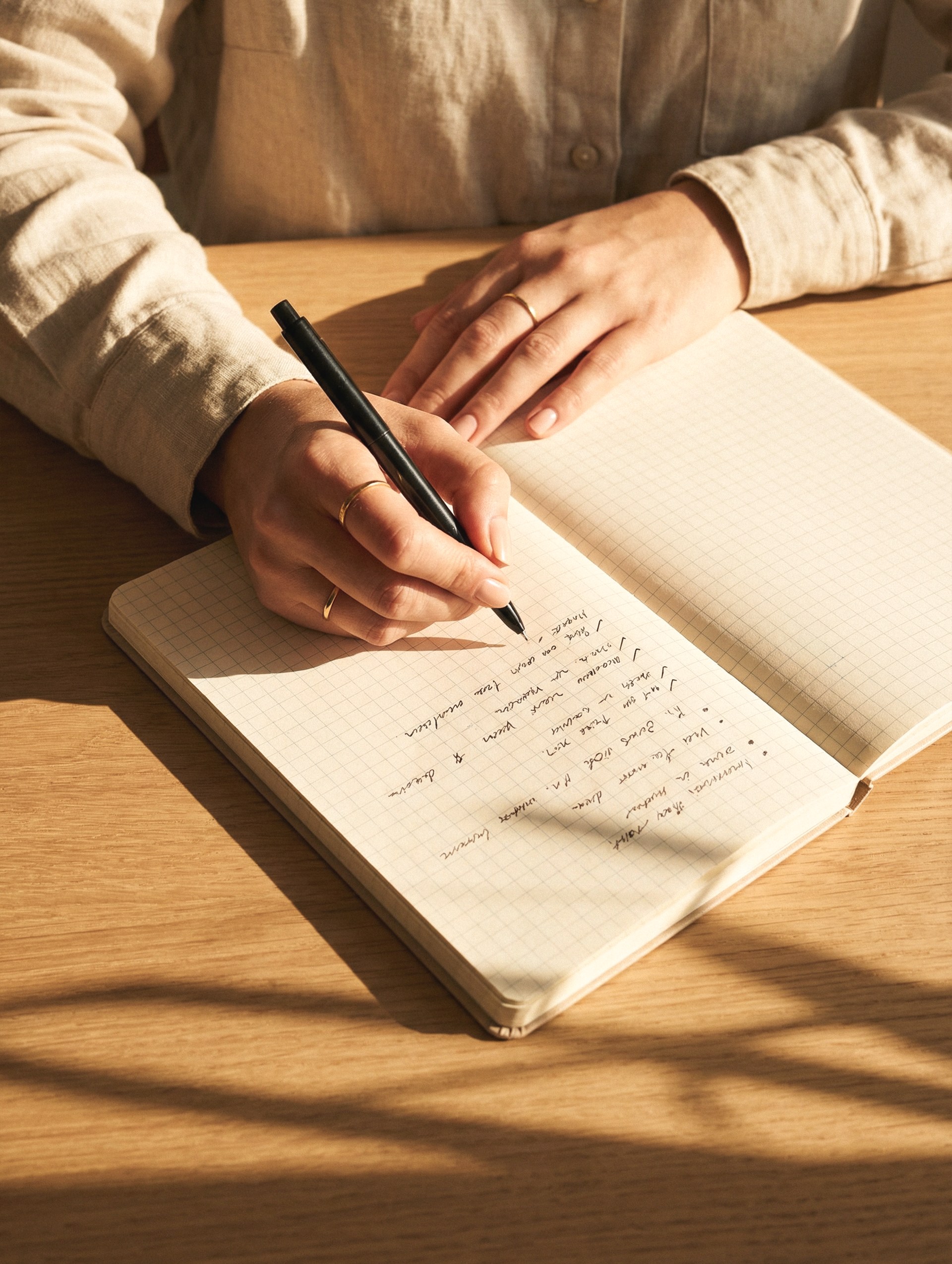Hand writing in an open notebook at a sunlit wooden desk