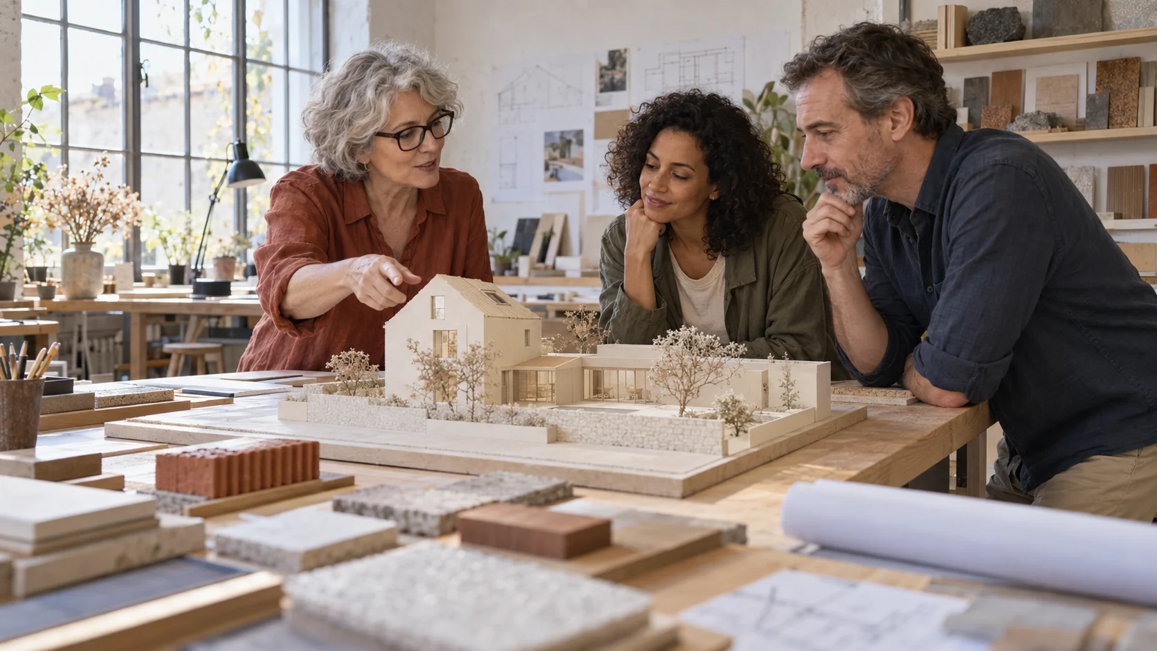 Dans une agence d’architecture lumineuse, une architecte présente une maquette à des visiteurs.