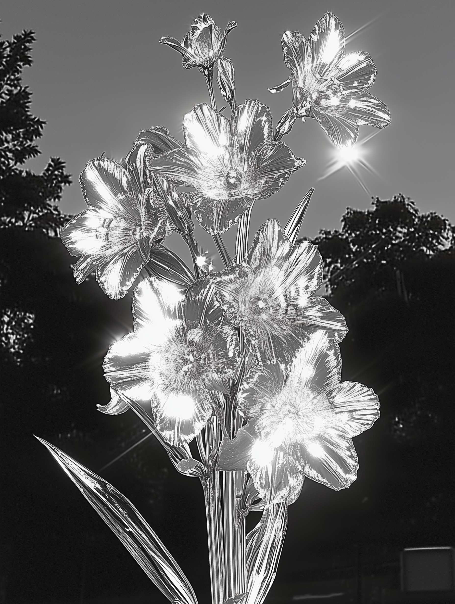 Glowing metallic flowers against dark background