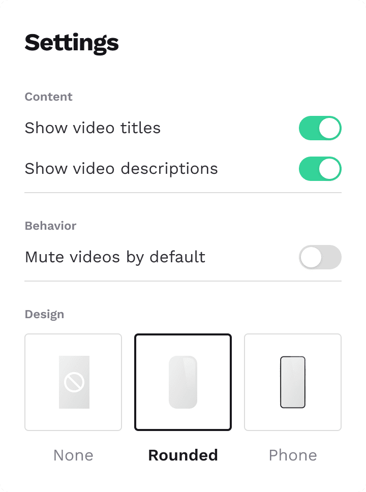 The section settings of Copyfolio's video gallery section, where you can show or hide video titles and descriptions, mute videos by default, and change their design.