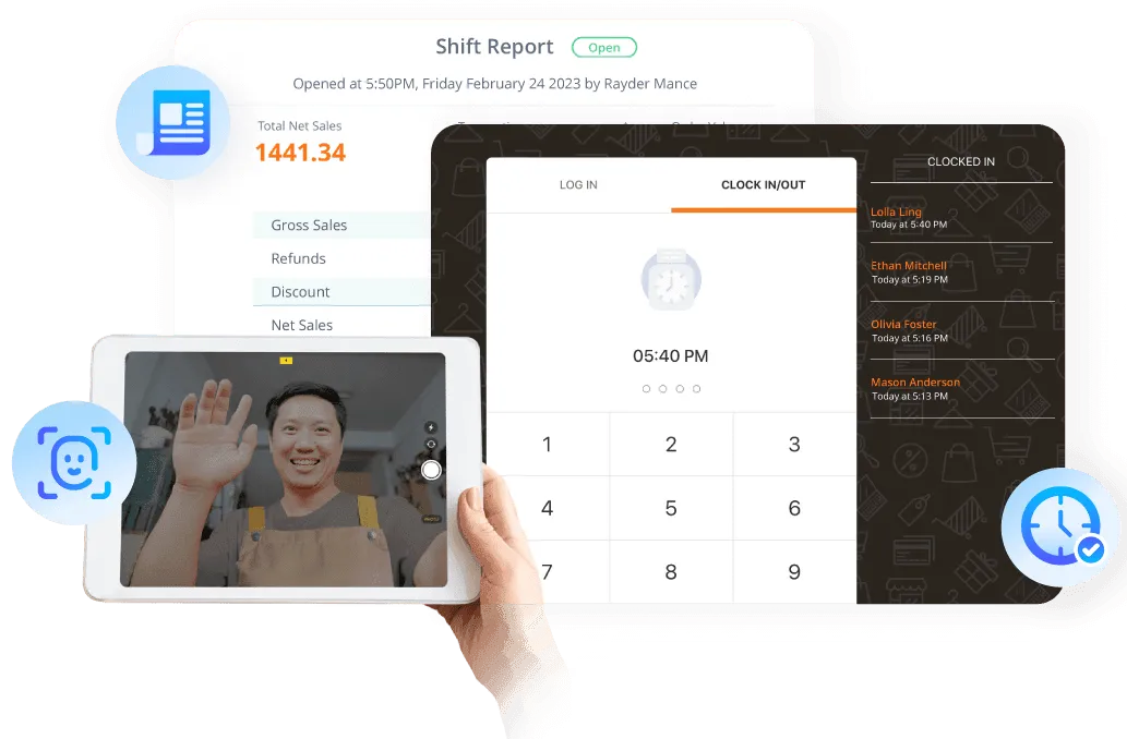 StoreHub POS staff clock-in screen with facial recognition time tracking and shift management.