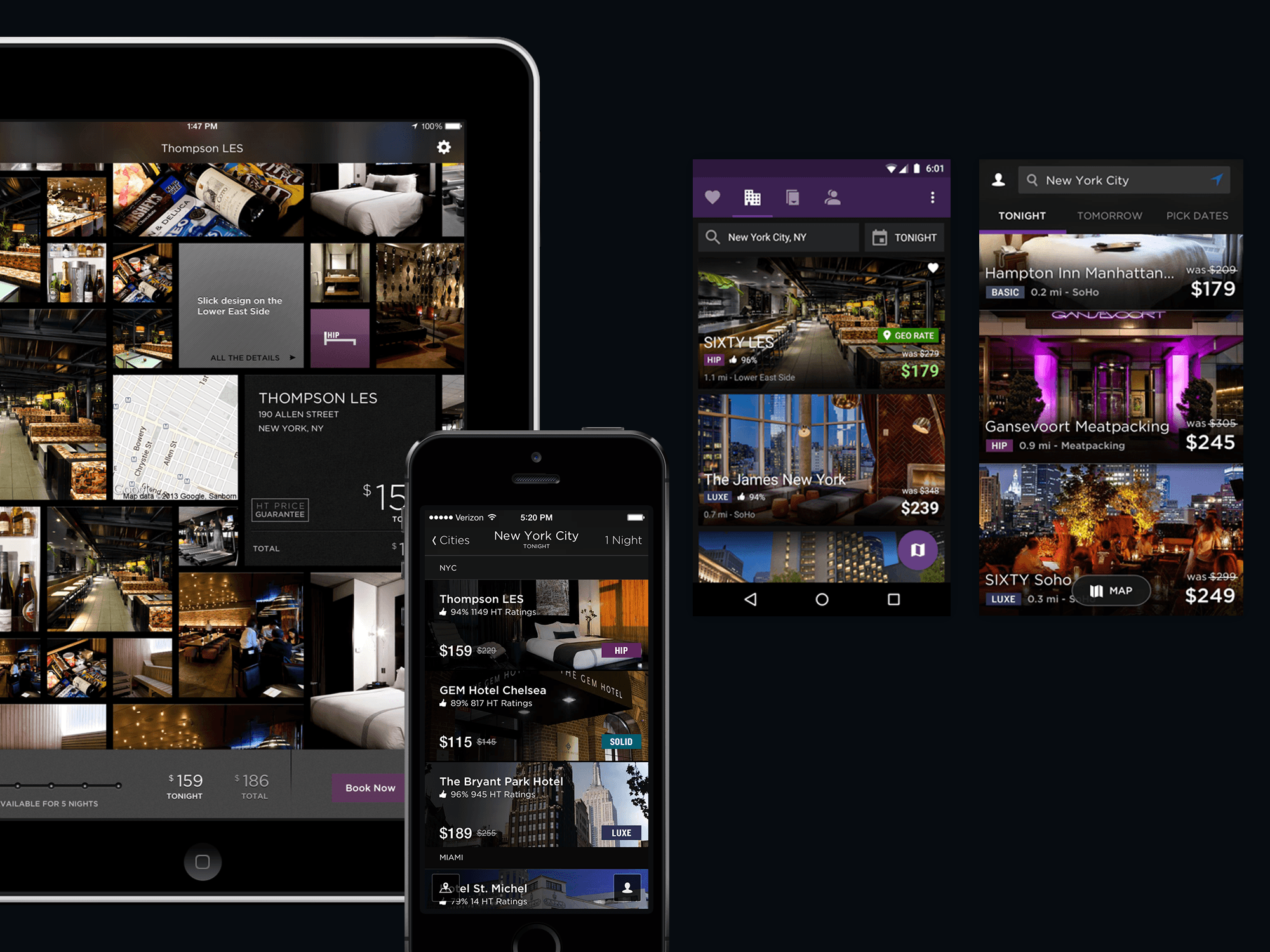 Various iterations of HotelTonight's mobile UI