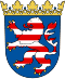 Wappen des Bundeslandes Hessen: Gestreifter roter und weißer Löwe auf blauem Schild.