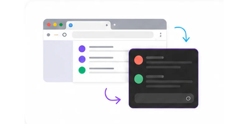 Illustration of a disconnected workflow where information moves between a browser window and a chat app, representing conversations that become separated from the original context.