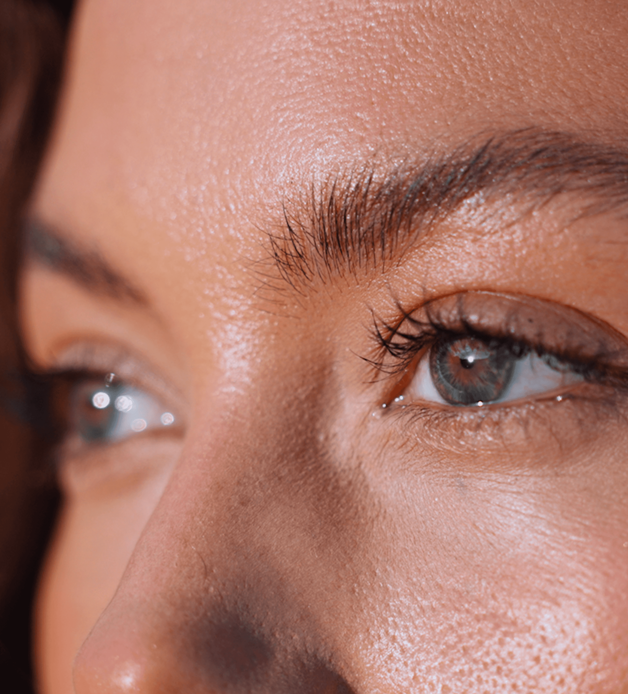 Close-up of a human eye, eyelashes, and brow.