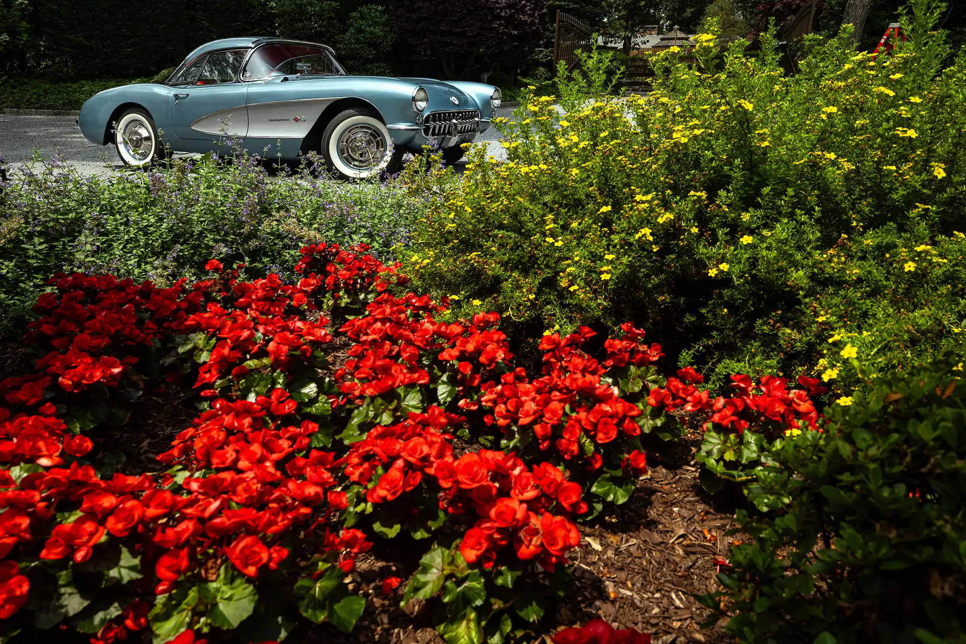 A blue classic sports car surrounded by flowers.