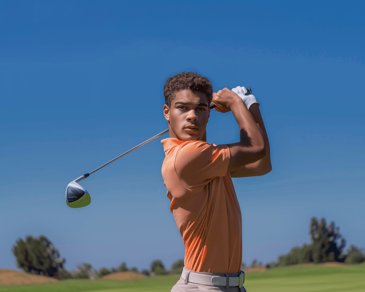 A young man wearing an orange polo shirt and beige pants is playing golf. He is holding a golf club in a follow-through swing position on a sunny day, with a blue sky and green landscape in the background