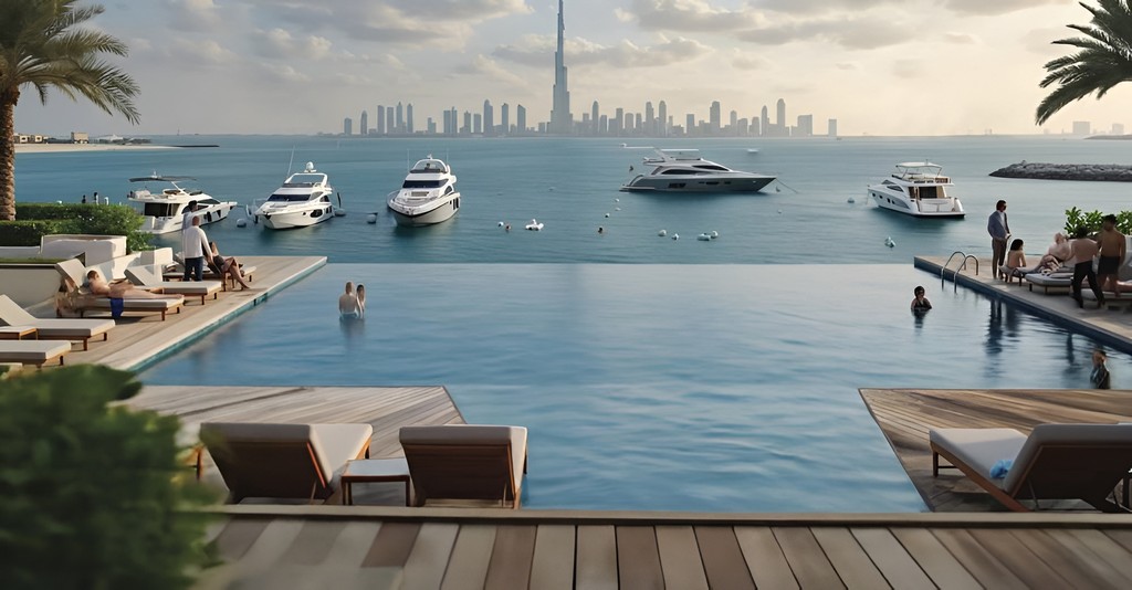 New apartment complex named Blue Marina in Dubai, showcasing modern architecture and vibrant surroundings.