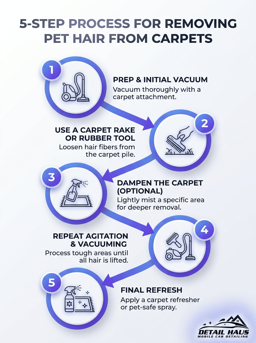 5-step infographic showing top professional tips for removing stubborn pet hair from carpets.