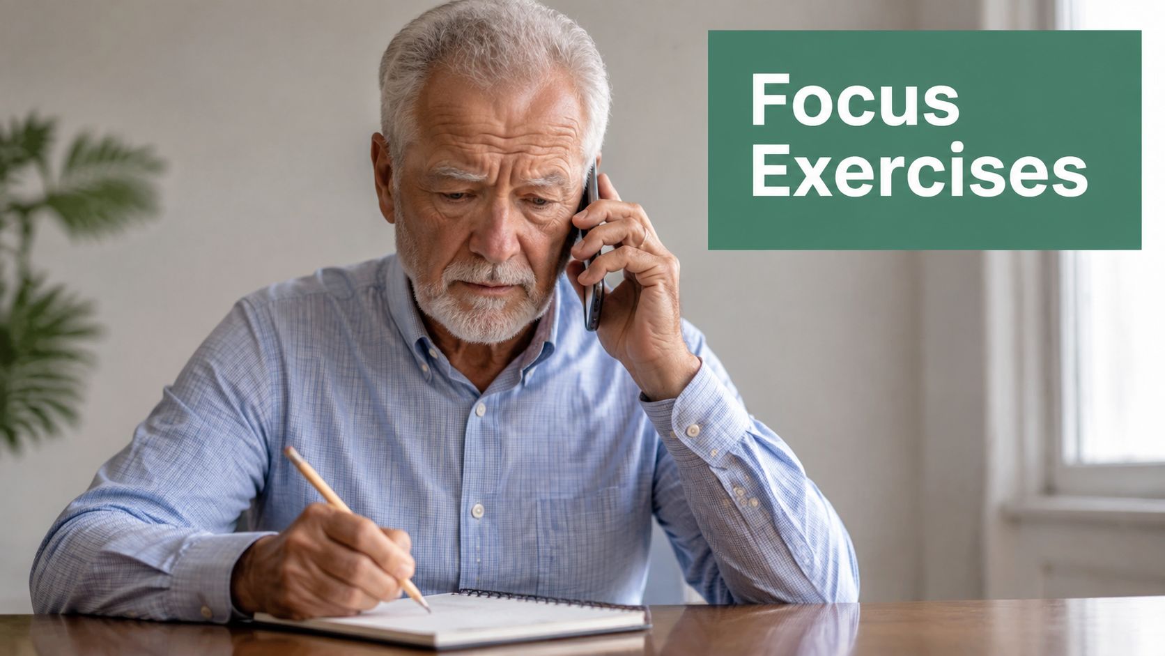 An older man focused on a phone call while taking notes in a notebook at his desk.