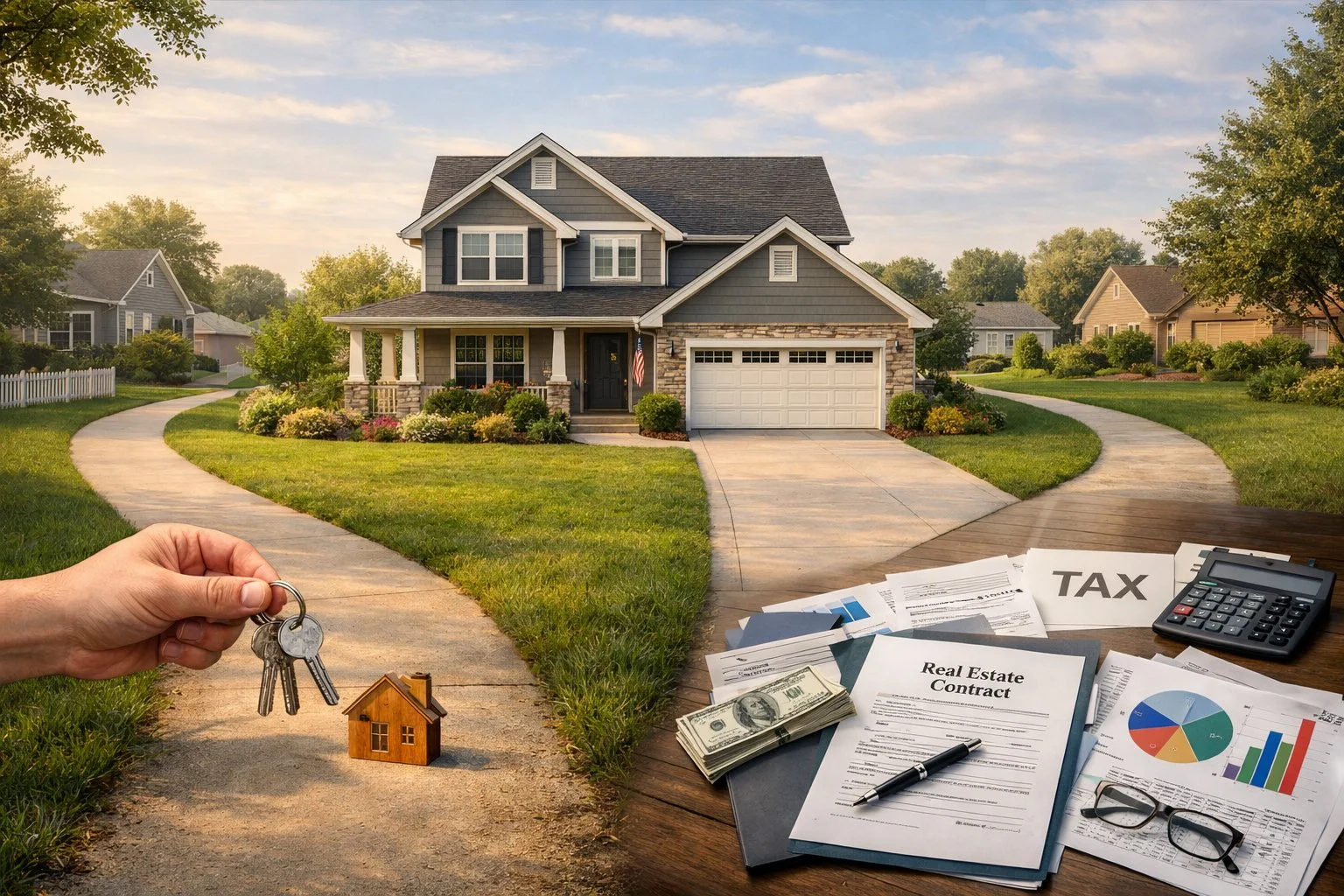 Suburban home between two symbolic paths: one shows a parent giving house keys to a child, the other shows financial documents, charts, and tax paperwork on a table.