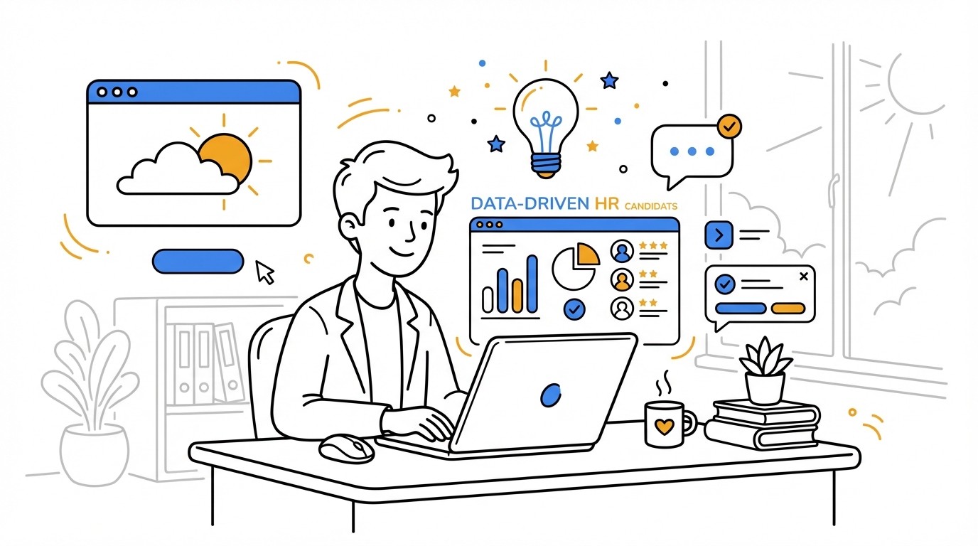 An HR professional working at a desk with a laptop showing organized candidate data, representing a human-AI partnership in a modern, sunlit office.