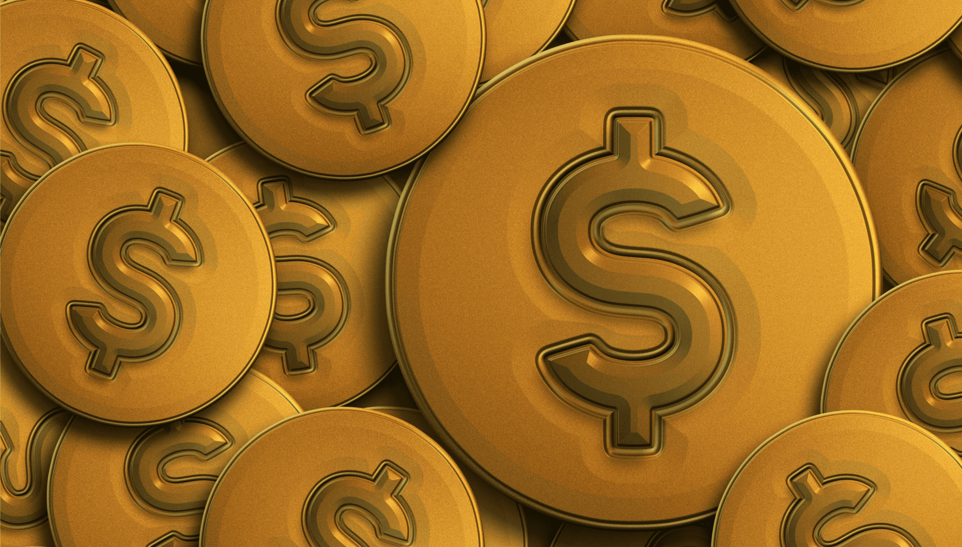 Gold coins with dollar signs and financial indicators