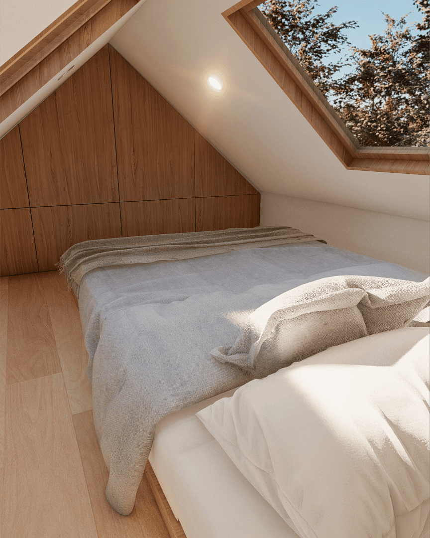 Nordic House 7m/24ft loft tiny house bedroom with skylights