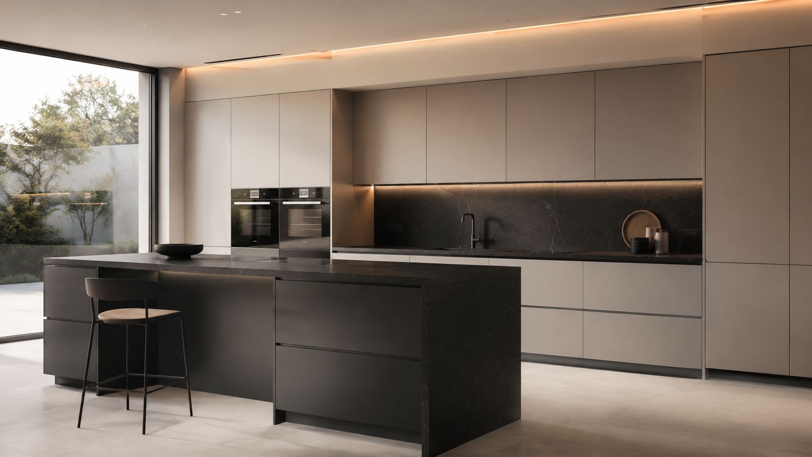 A modern minimalist modular kitchen featuring light beige cabinetry, dark black granite countertops, and a central island.