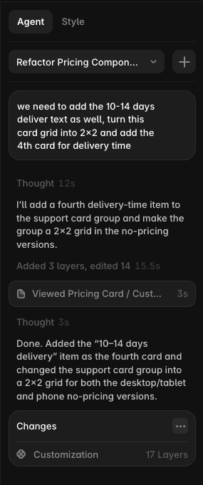 Framer Agent panel open in the right sidebar, showing a chat prompt to refactor a pricing component into a 2x2 grid and the agent's response with edited layers