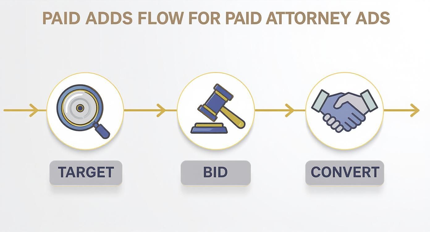 Flowchart detailing the process of paid attorney ads: targeting clients, bidding, and converting leads.