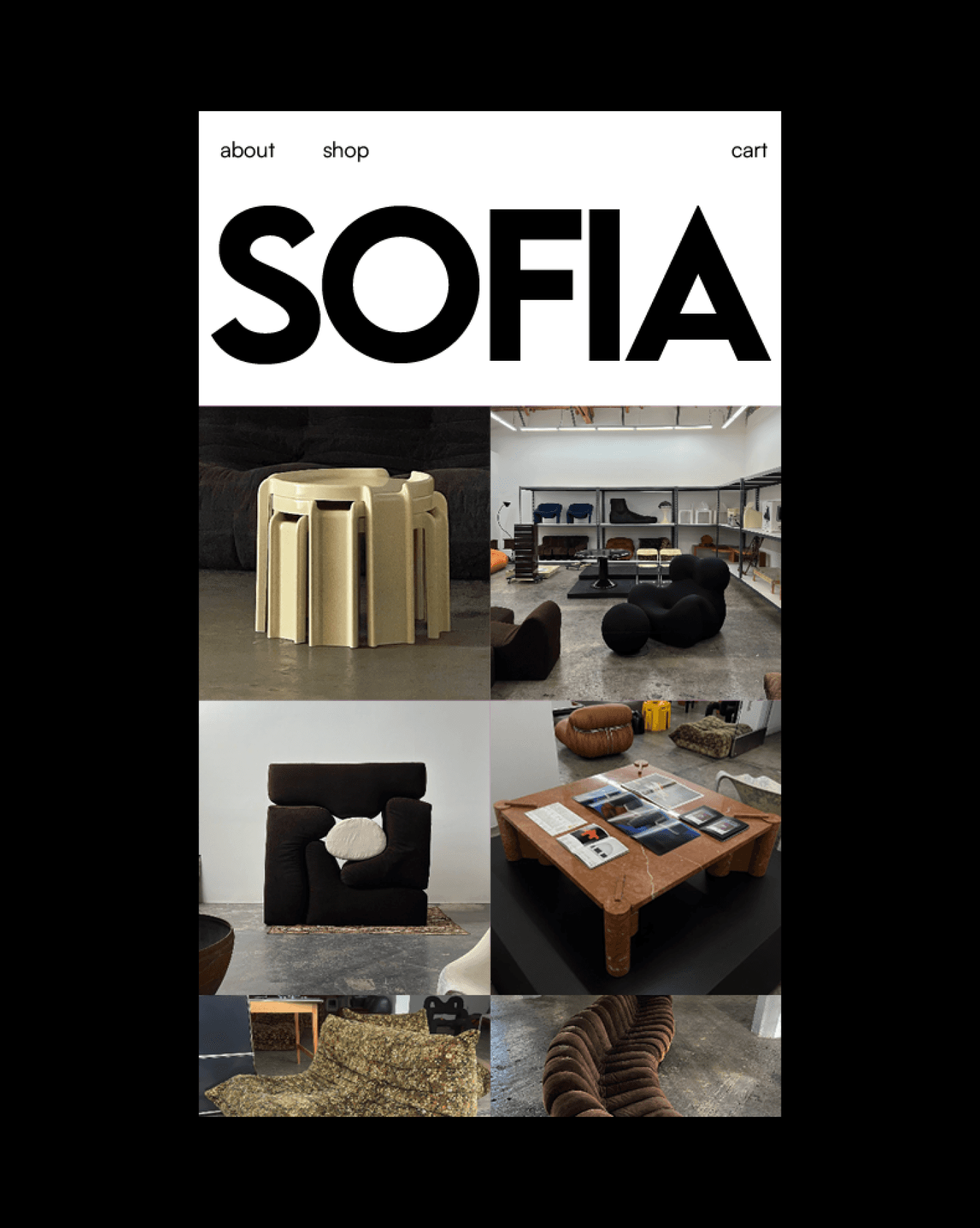 Page d'accueil du site SOFIA avec une galerie de meubles design et modernes affichés en mosaïque