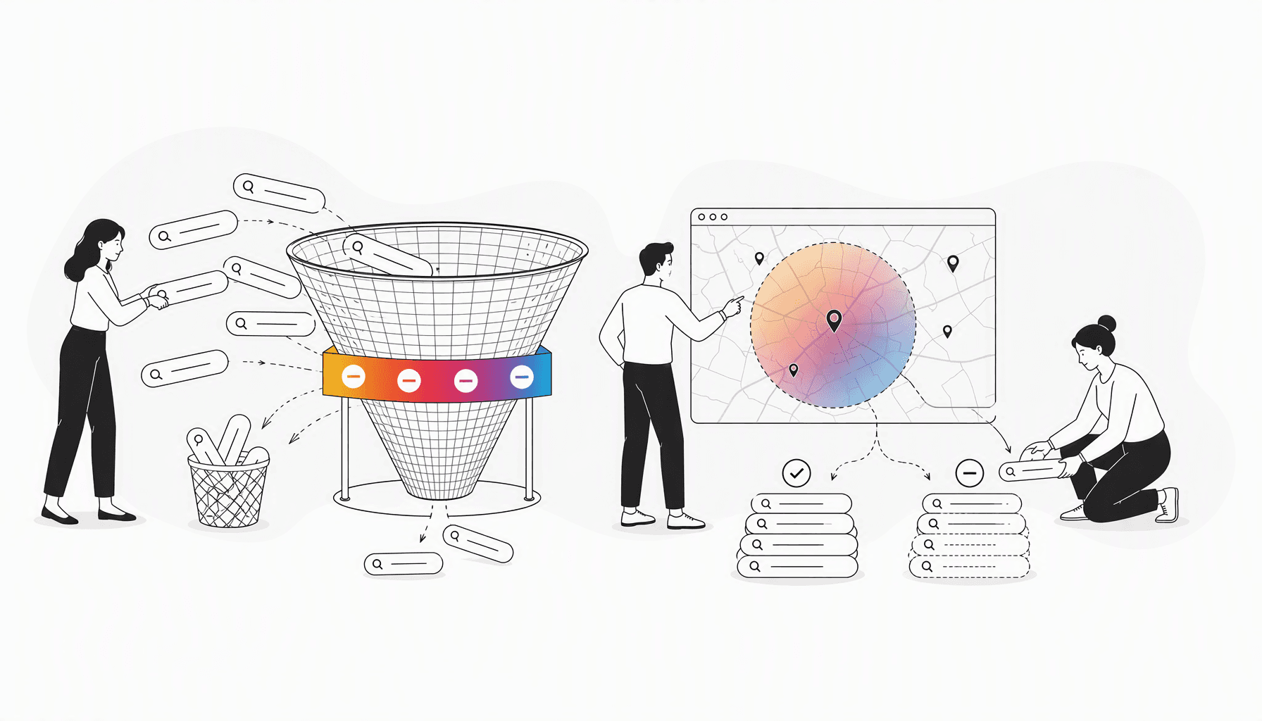 Illustration zeigt ein Trichtersystem mit Suchbegriffen, bei dem ein roter Filter unpassende Keywords herausfiltert
