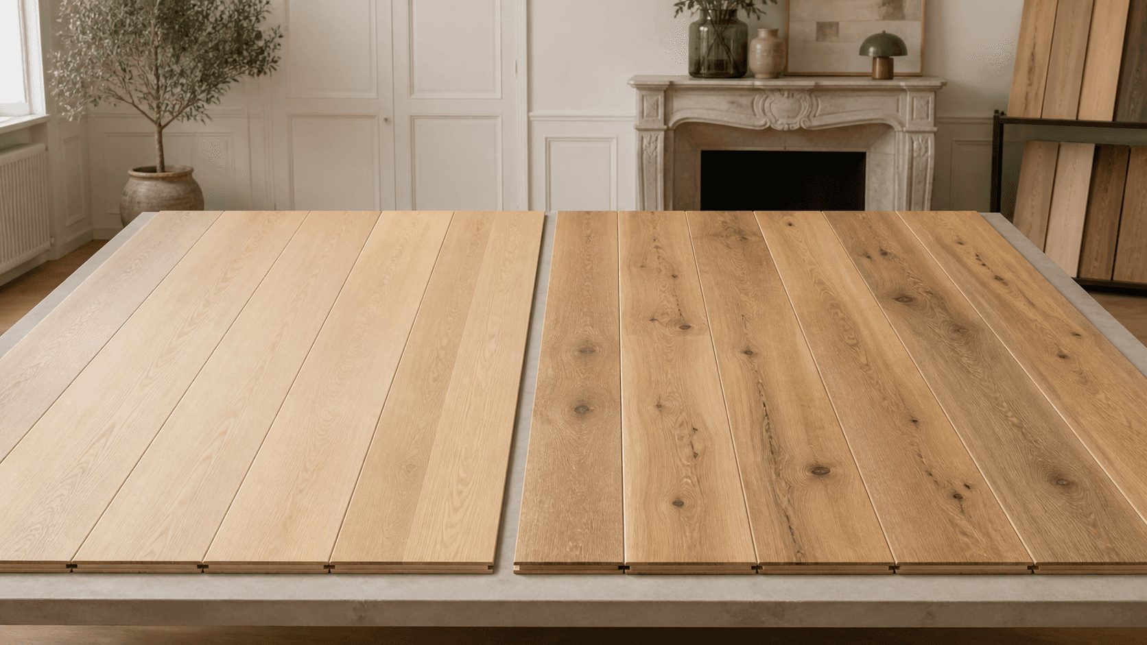 Échantillons de parquet en chêne avec et sans nœuds comparés dans un showroom bordelais