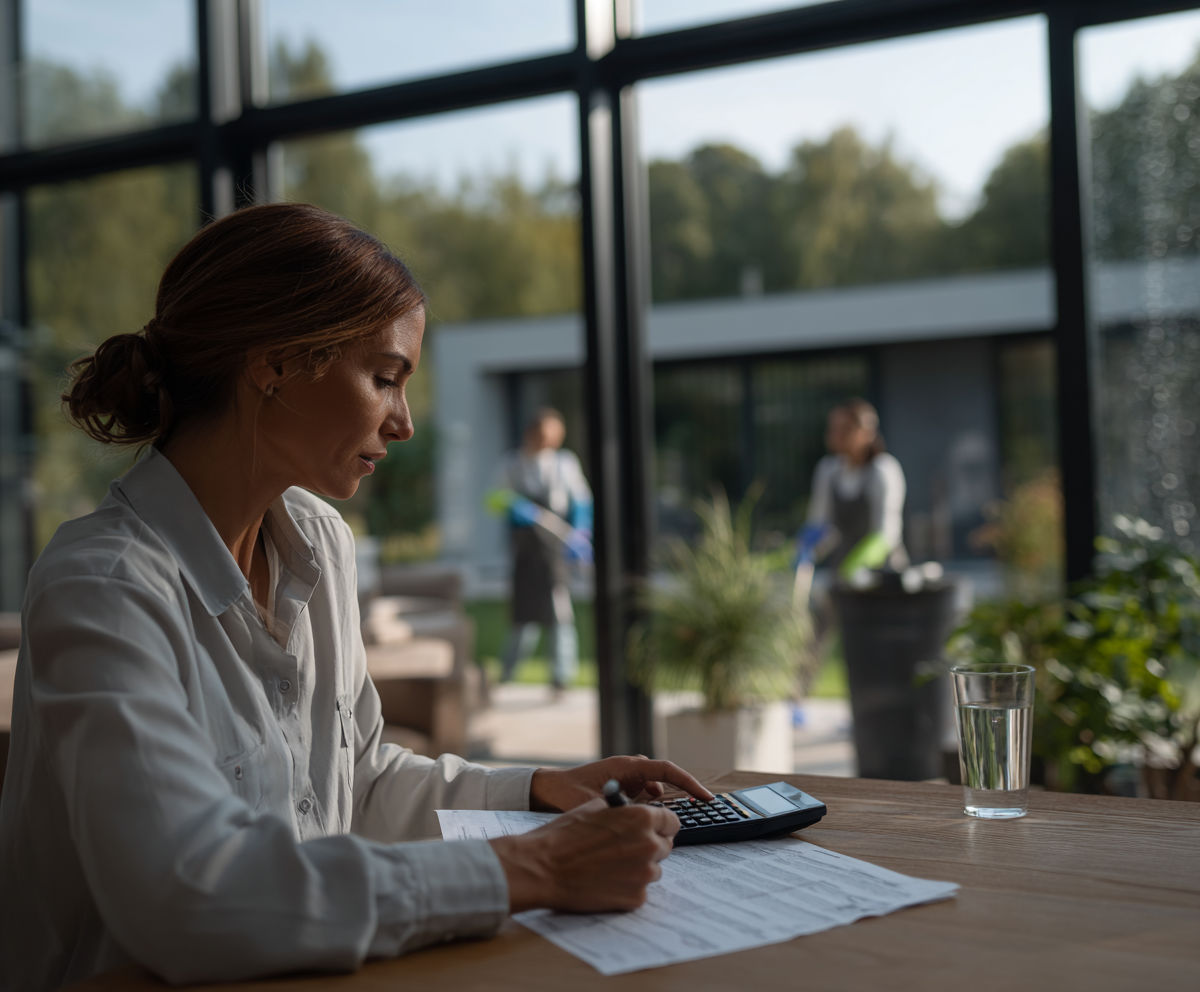 mulher em uma casa moderna fazendo contas com uma calculadora, enquanto ao fundo profissionais de limpeza realizam tarefas domésticas