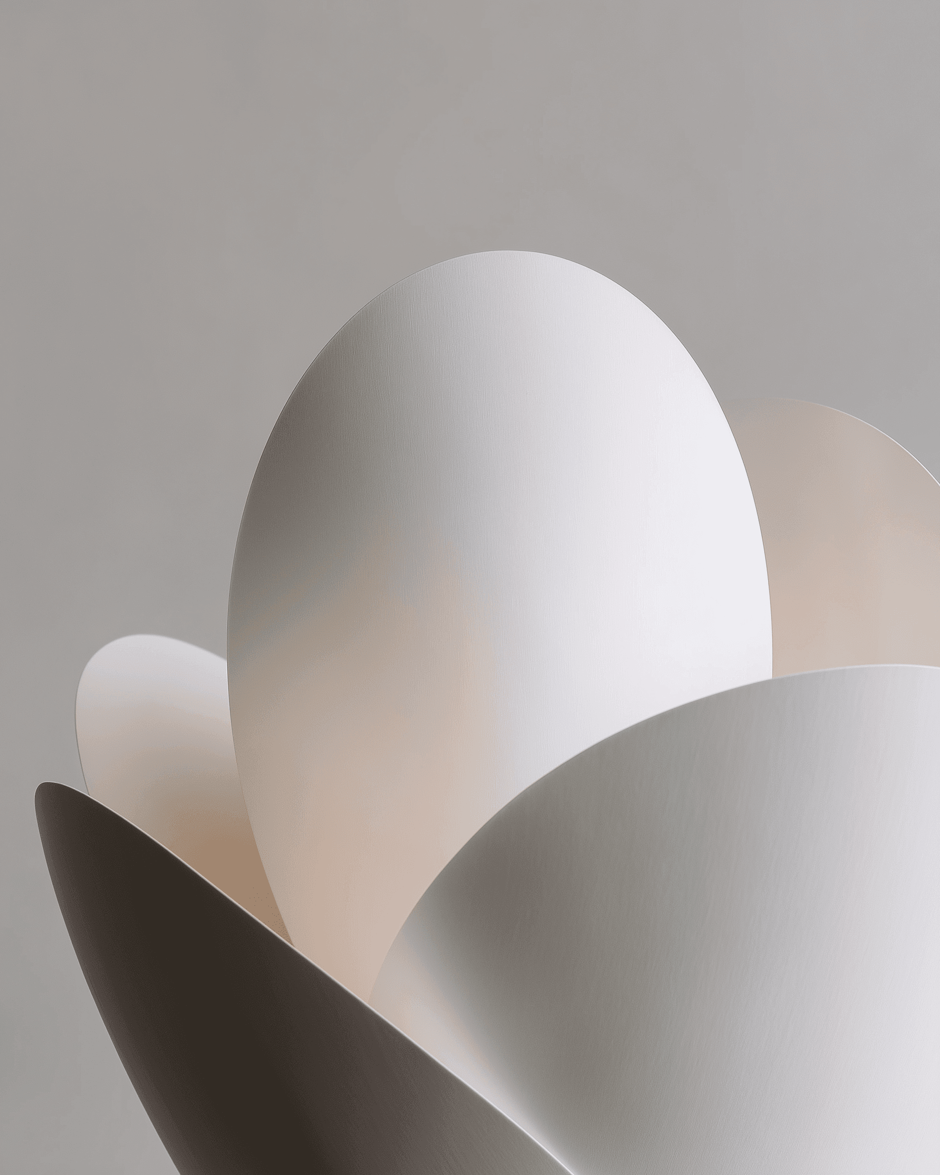 Minimalist abstract design with overlapping white petal-like shapes and soft lighting, creating a serene and modern aesthetic.