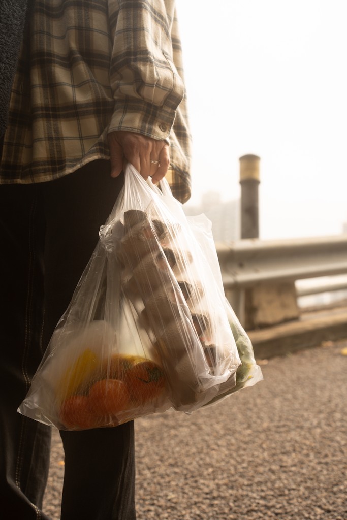 the father holding foods in plastic bag for the dinner
