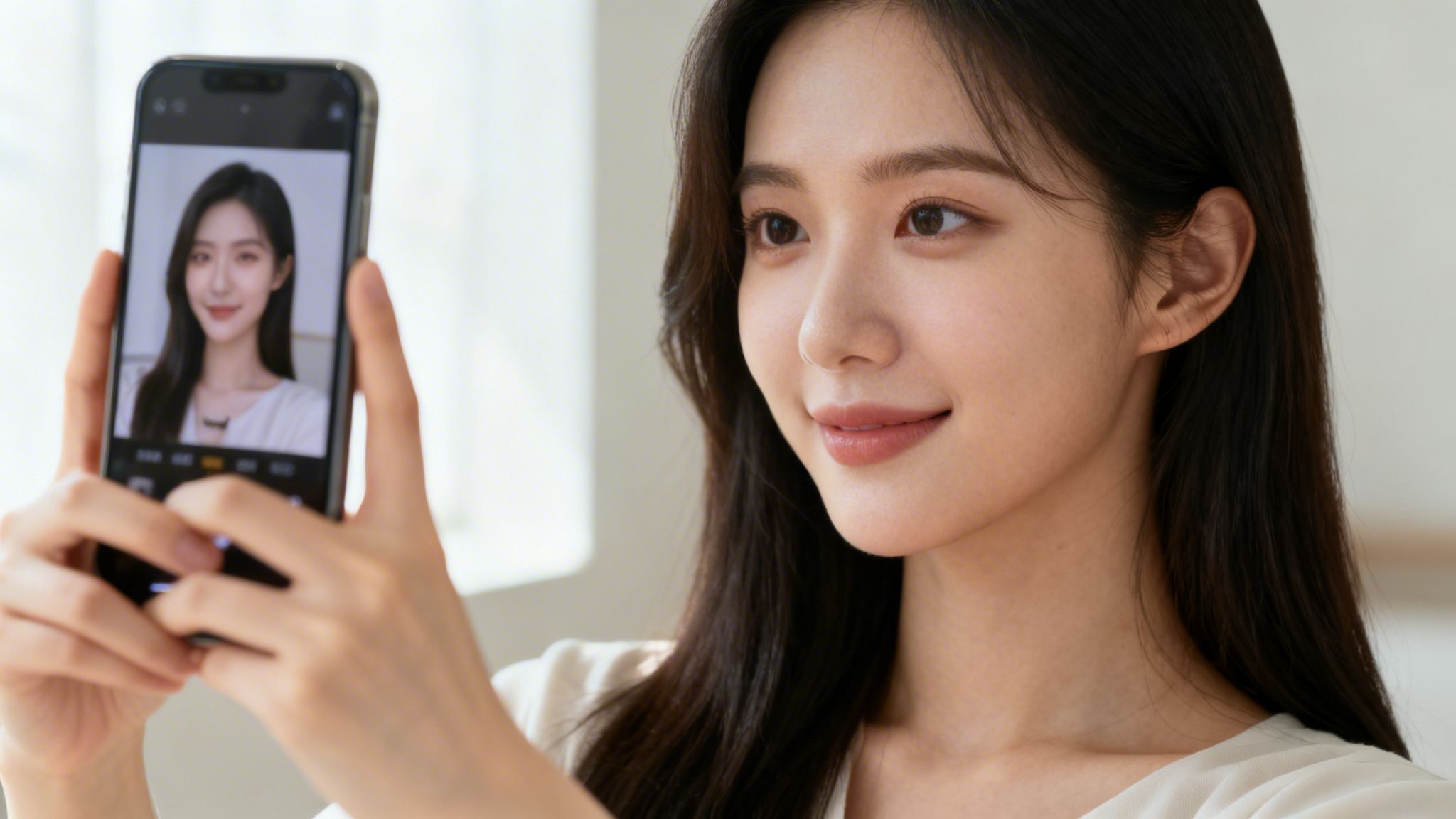 Eine junge Frau macht ein Selfie mit ihrem Smartphone. Sie lächelt und hat langes, dunkles Haar.