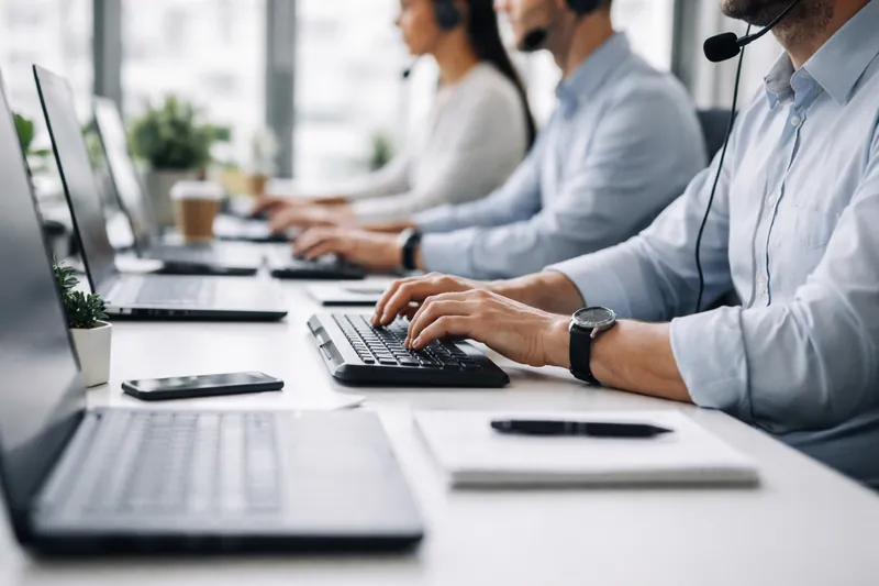 Operatori di assistenza clienti al lavoro in ufficio con cuffie e computer