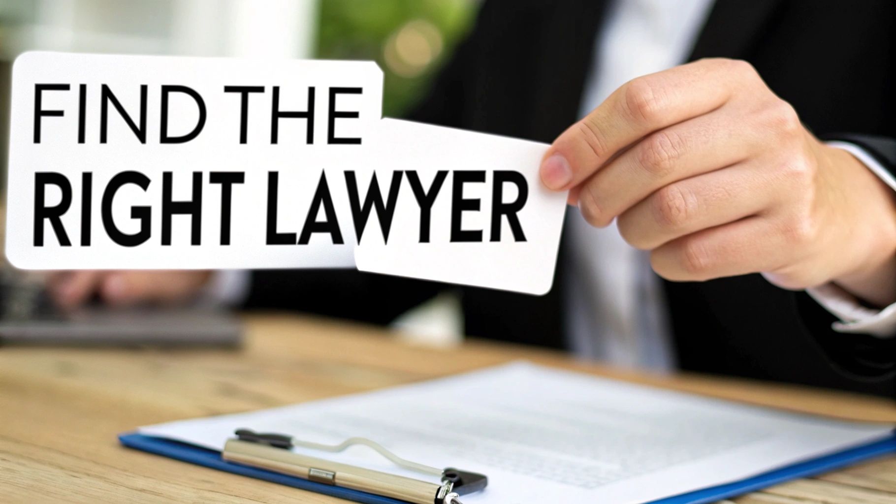 A professional holding cards with 'FIND THE RIGHT LAWYER' text above a desk with documents.