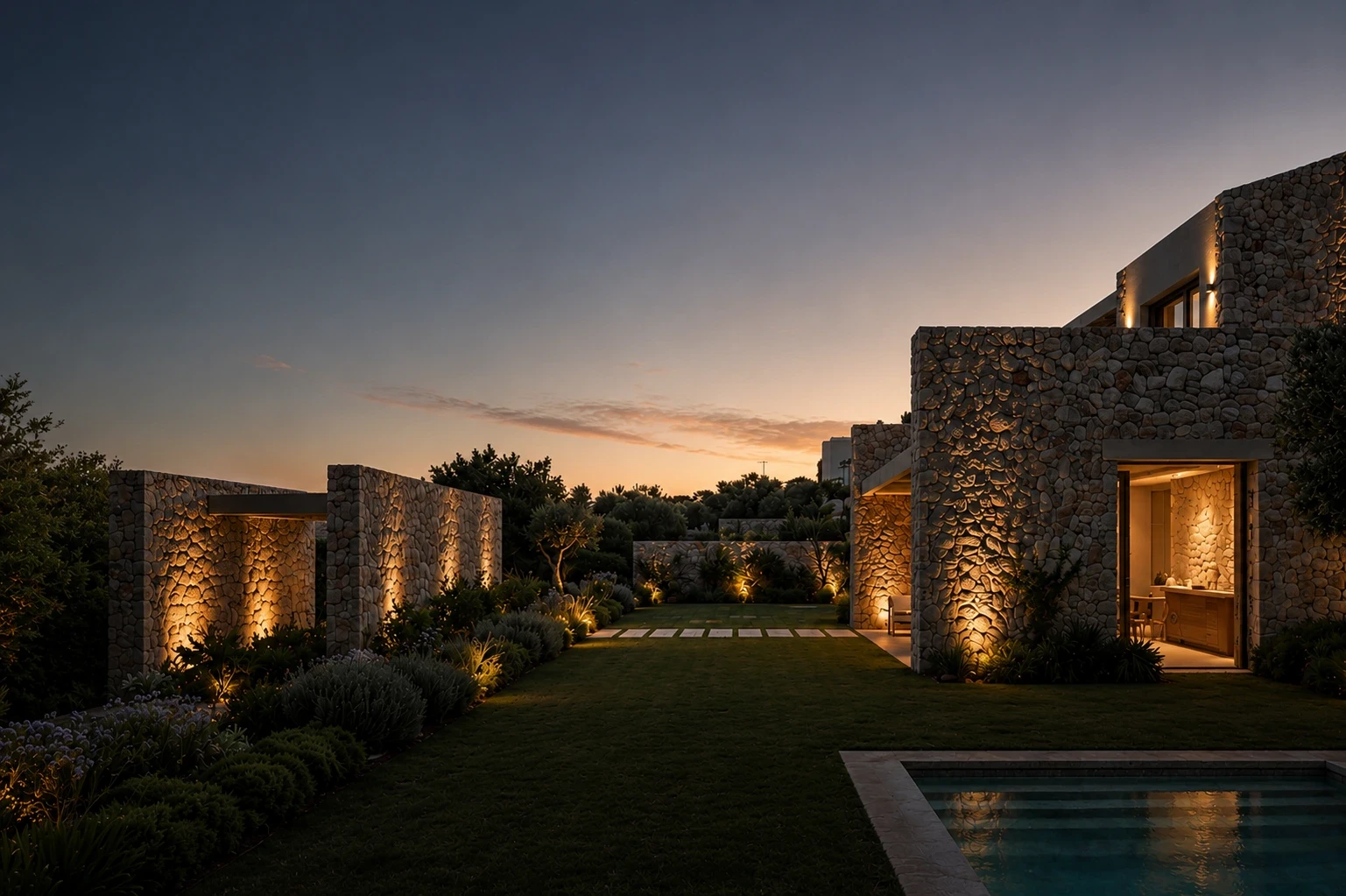Luxurious private estate surrounded by curated gardens and natural stone