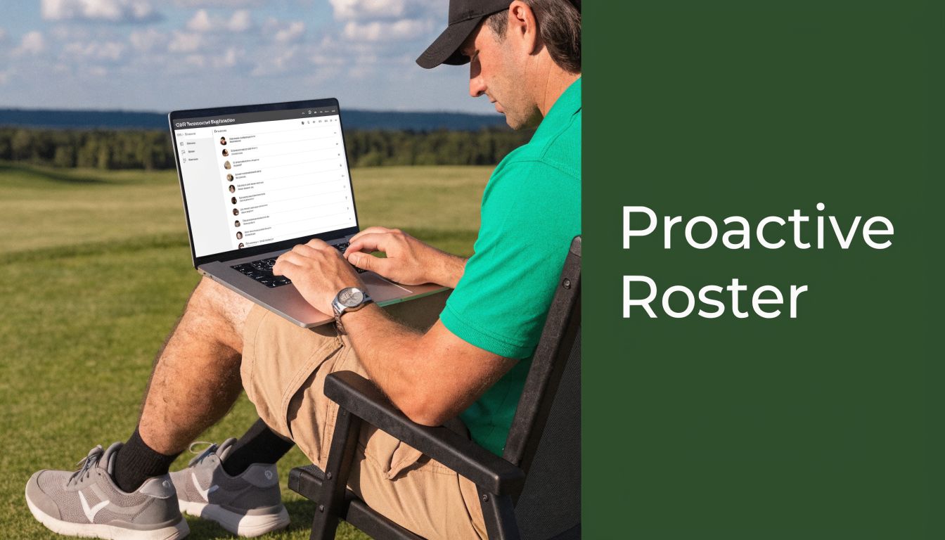 A man wearing a green polo shirt and hat sits outside using a laptop for ghin lookup.