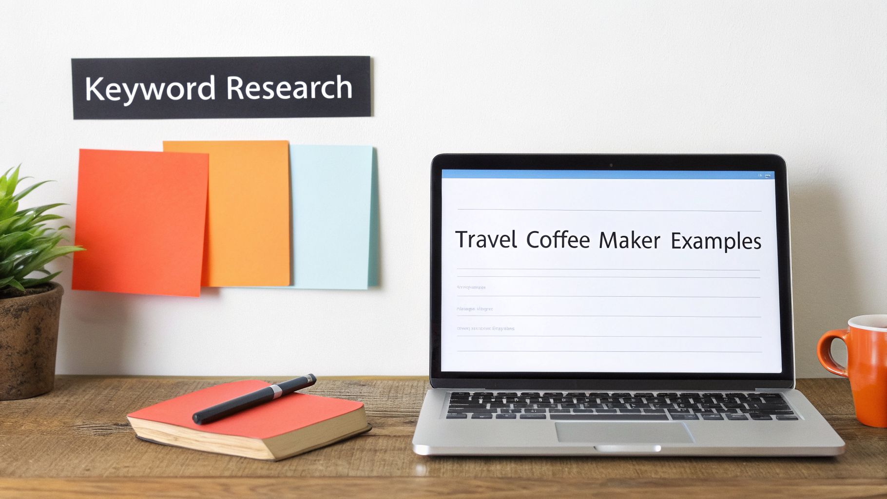 A desk setup for keyword research, showing a laptop with 'Travel Coffee Maker Examples' and sticky notes.