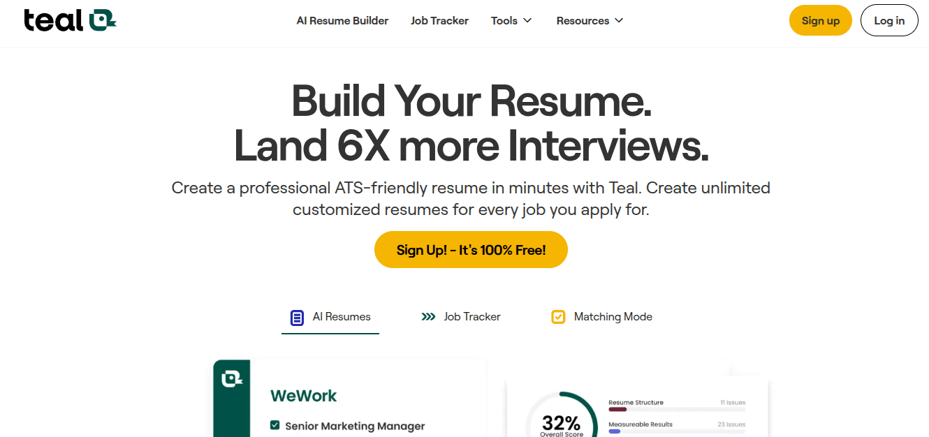 Teal homepage showing the free AI resume builder and kanban-style job tracker