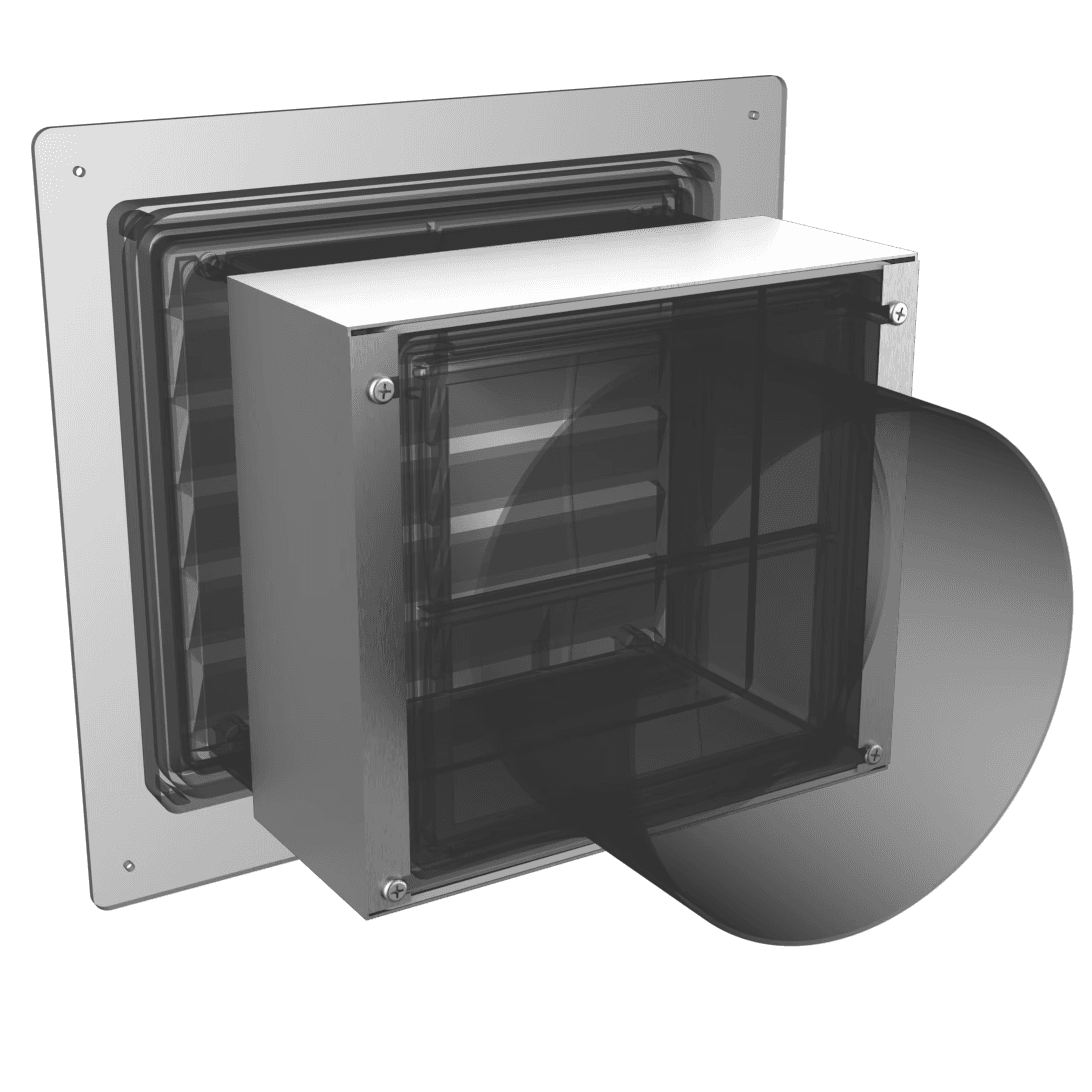 XVentbox® fire-rated vent box with 1-hour rated enclosure for exhaust and intake duct termination.