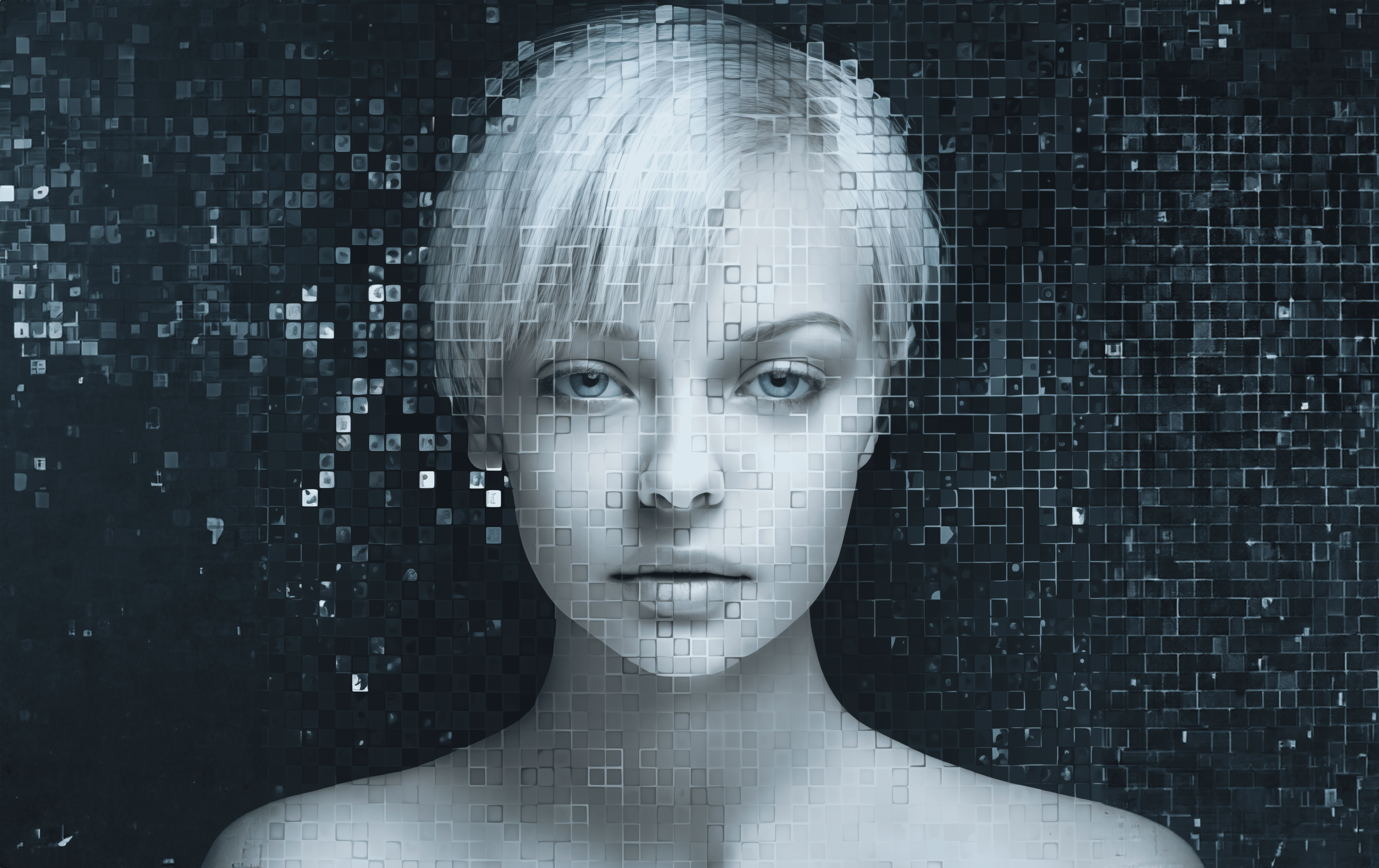 Control AI campaign image showing a pixelated human face, highlighting the risks of deepfake technology and digital identity theft with the slogan 'Deepfakes steal your identity, pixel by pixel.