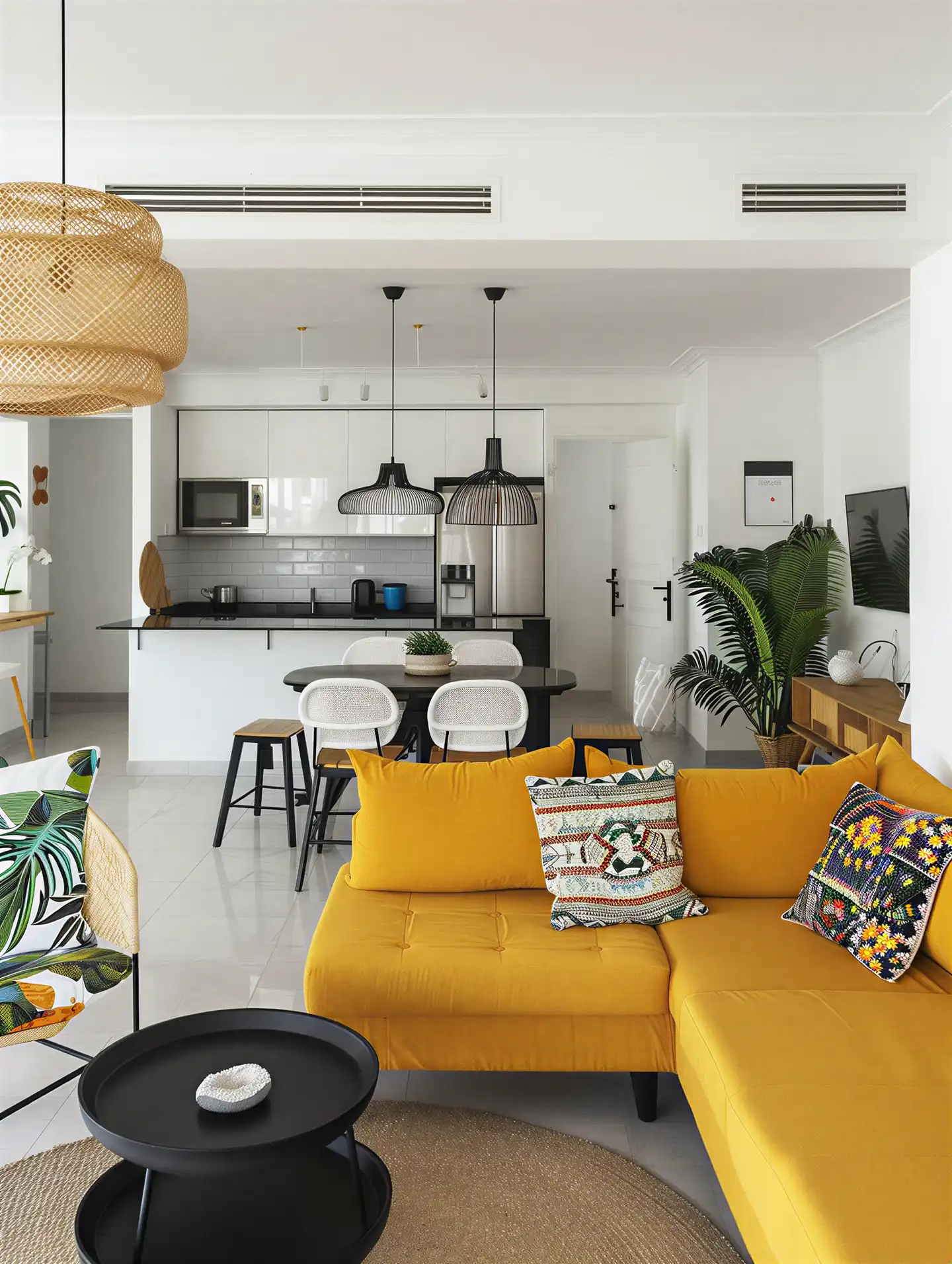 Open kitchen layout with clean surfaces and minimal design