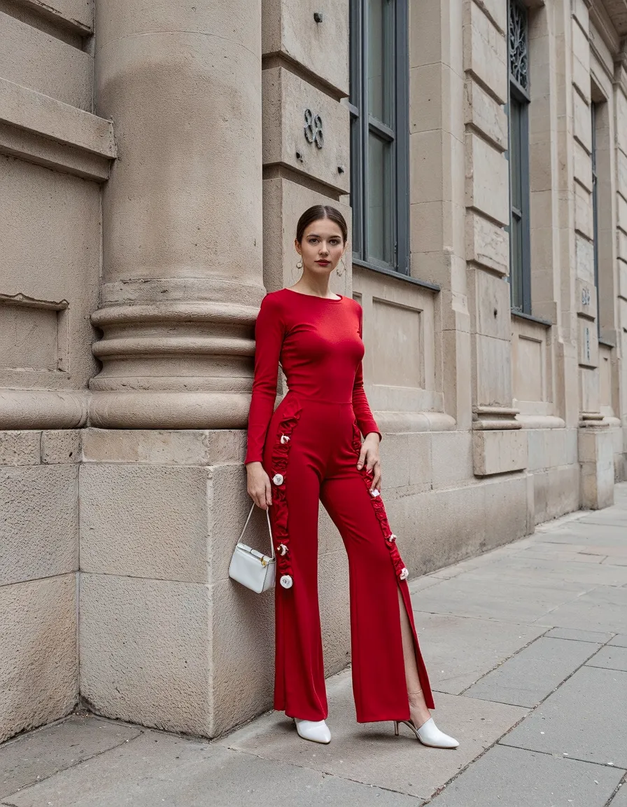 Woman in red jumpsuit with white purse posing against beige stone building facade in European city street