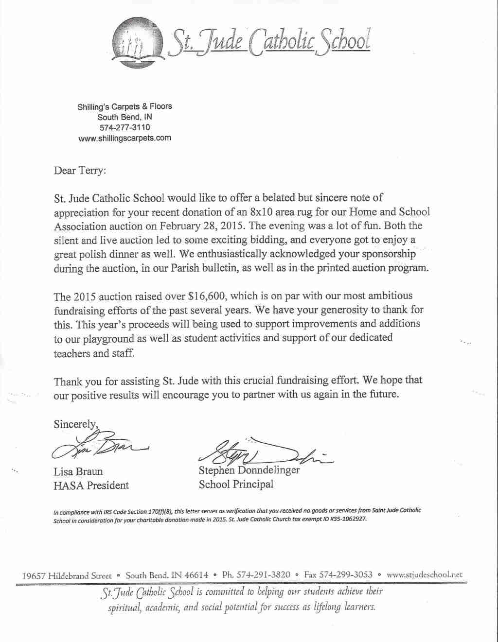 Customer testimonial letter praising Shilling's Carpets & Floors