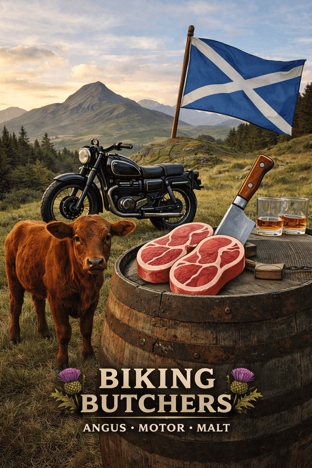 Originales hochformatiges Biking-Butchers-Motiv mit schottischer Flagge, Motorrad, Angus-Rind und Fleischhandwerk in einer Highlands-Landschaft