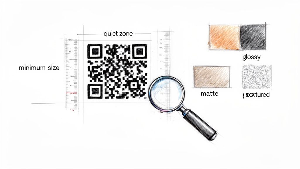 Illustration of QR code guidelines showing minimum size, quiet zone, and different material finishes like glossy, matte, and textured.