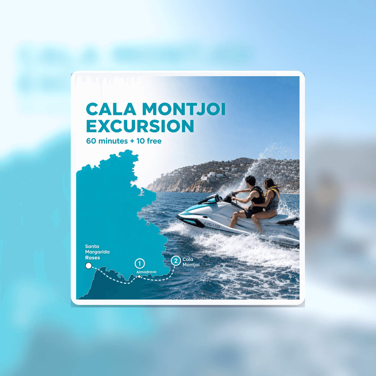 Pareja en moto de agua navegando hasta Cala Montjoi y Cap Norfeu desde Roses, excursión de 60 + 10 minutos