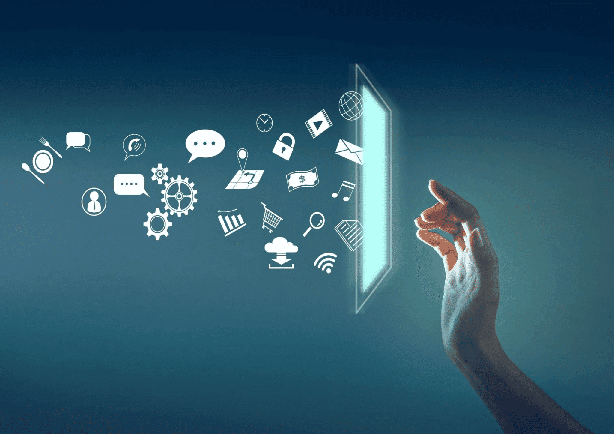Hand reaching towards a glowing screen surrounded by digital icons, cover about CRO and UX