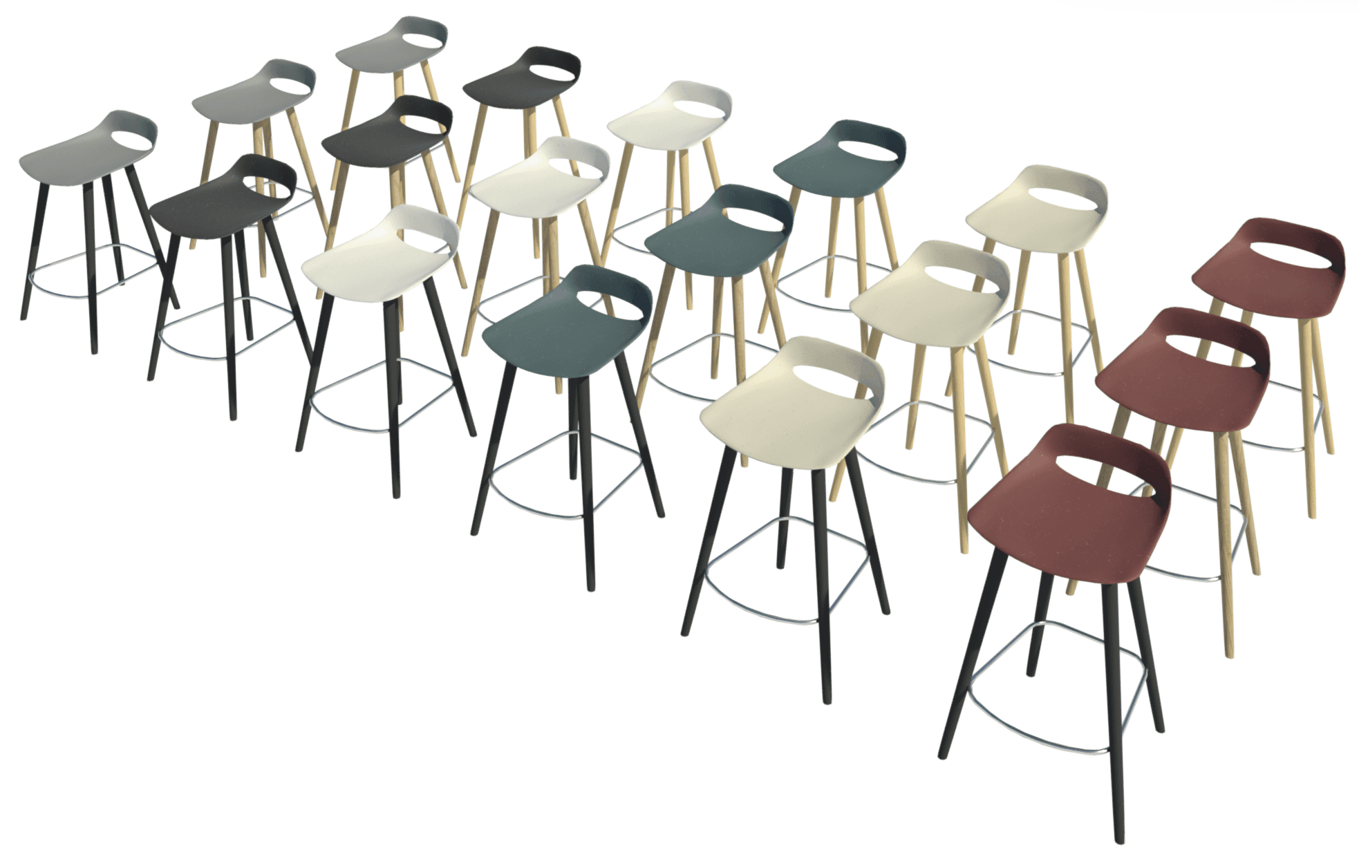 The Occo bar stool has a variety of seat and frame materials.