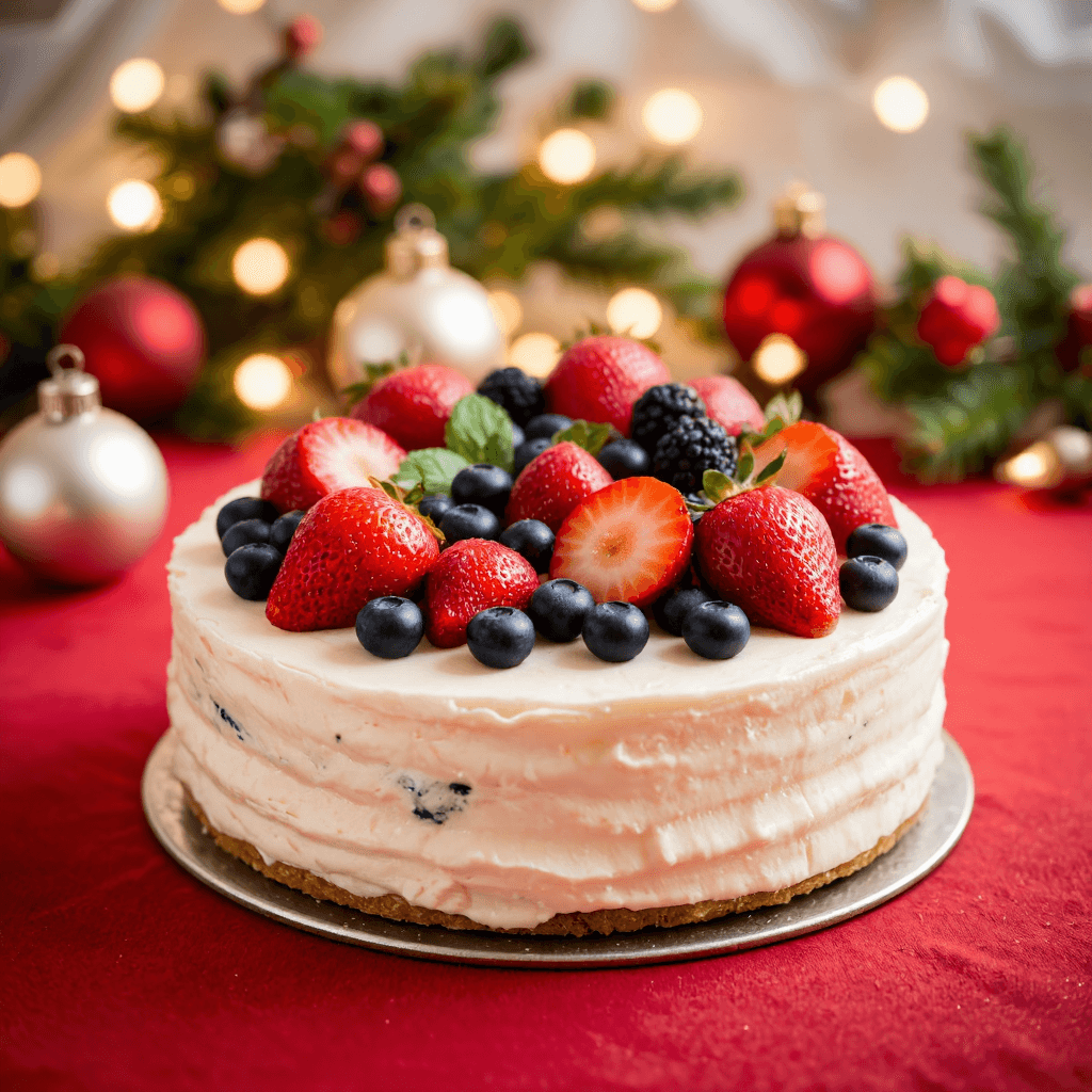 product photography of a round cake topped with fresh fruits and cream, typically used for celebrations